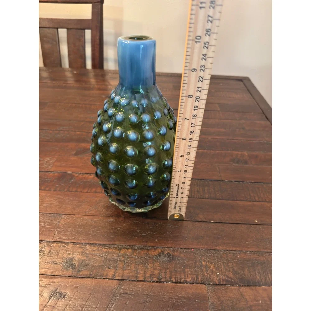 Dynasty Gallery Art Glass Vase Green Blue Hobnail Bubble Handcrafted 9 Inch